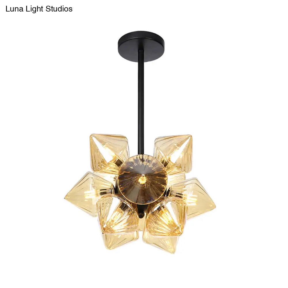 Contemporary Amber Glass Diamond Chandelier: Elegant Pendant Light With 9/12 Bulbs For Living Room