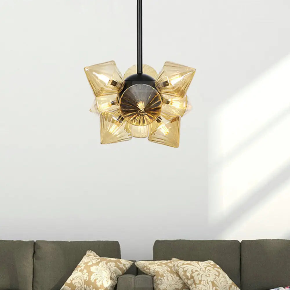 Contemporary Amber Glass Diamond Chandelier: Elegant Pendant Light With 9/12 Bulbs For Living Room