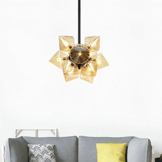 Contemporary Amber Glass Diamond Chandelier: Elegant Pendant Light With 9/12 Bulbs For Living Room