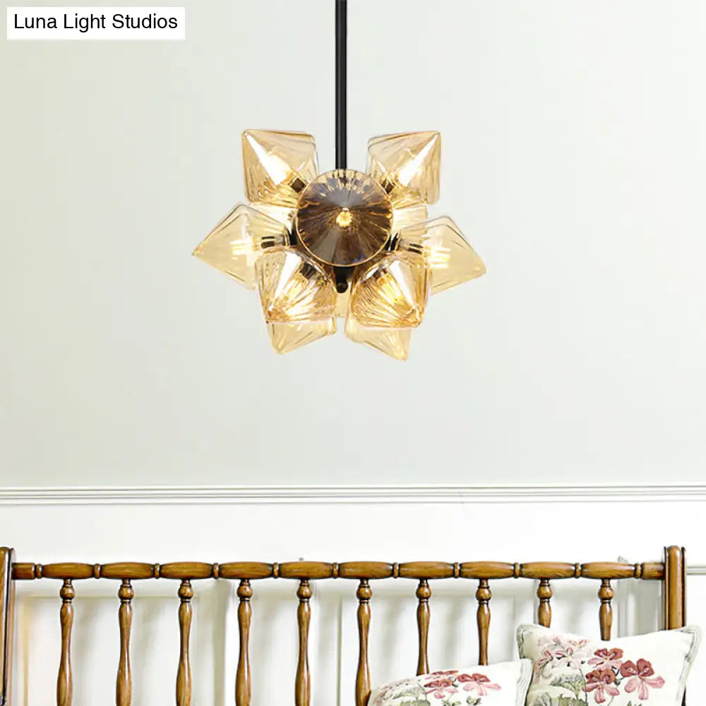 Contemporary Amber Glass Diamond Chandelier Lamp - 9/12 Bulbs Hanging Pentant Light For Living Room