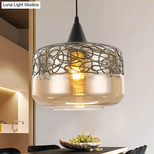 Contemporary Amber Glass Drum Pendant Lighting - Hanging Lamp Kit For Living Room