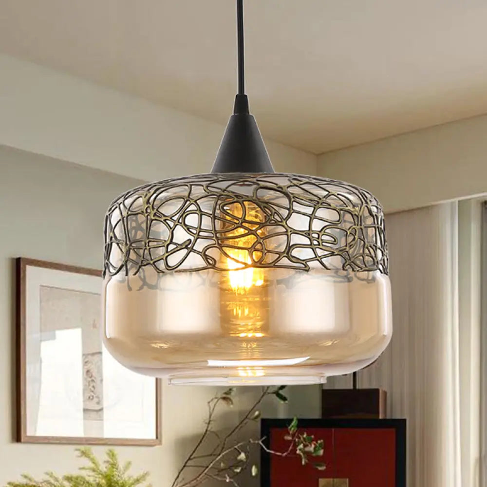 Contemporary Amber Glass Drum Pendant Lighting - Hanging Lamp Kit For Living Room