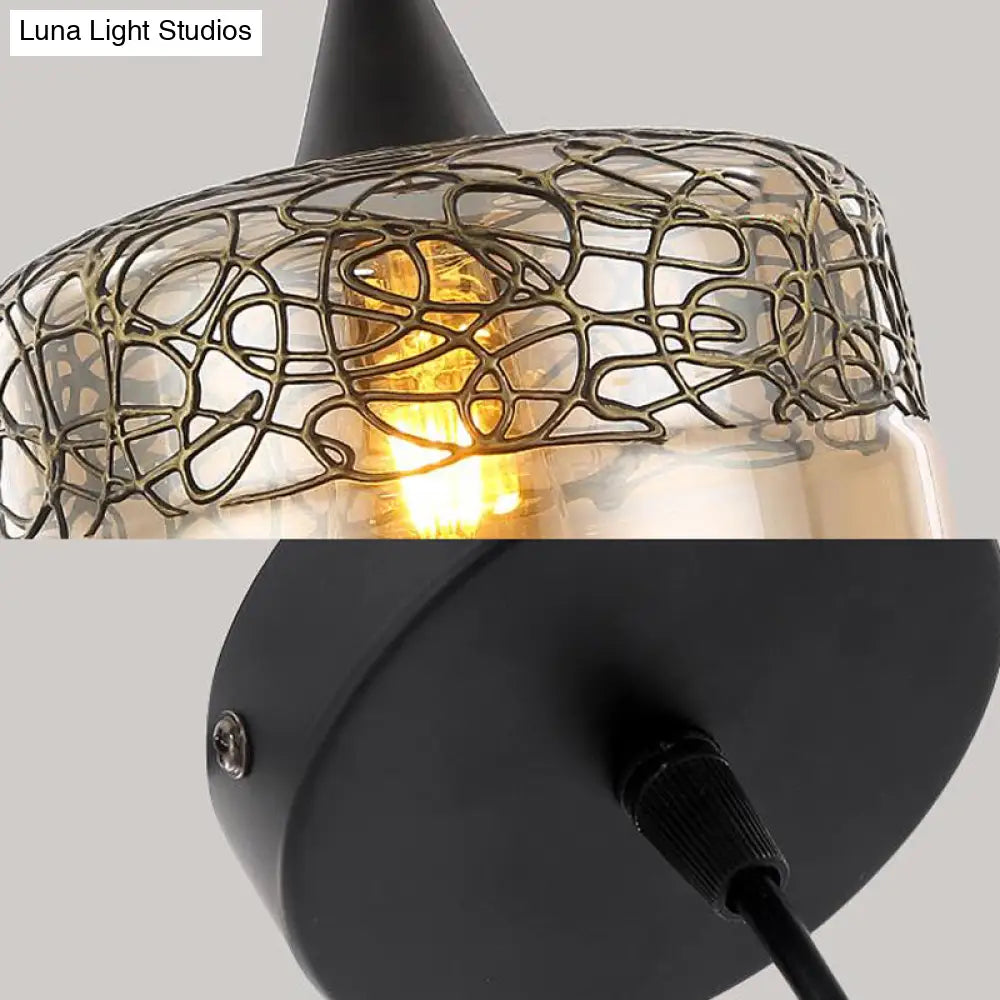 Contemporary Amber Glass Drum Pendant Lighting - Hanging Lamp Kit For Living Room