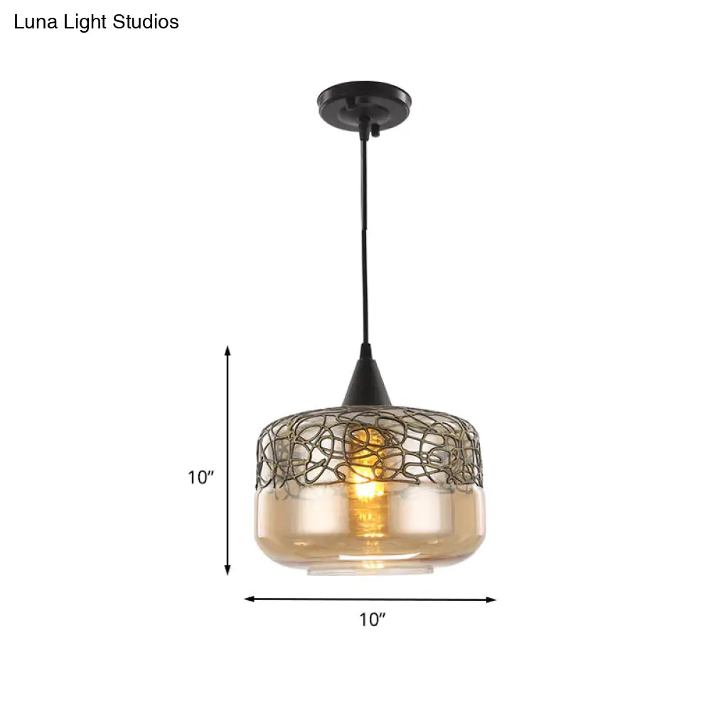 Contemporary Amber Glass Drum Pendant Lighting - Hanging Lamp Kit For Living Room