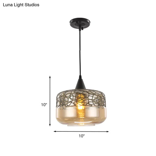 Contemporary Amber Glass Drum Pendant Lighting - Hanging Lamp Kit For Living Room