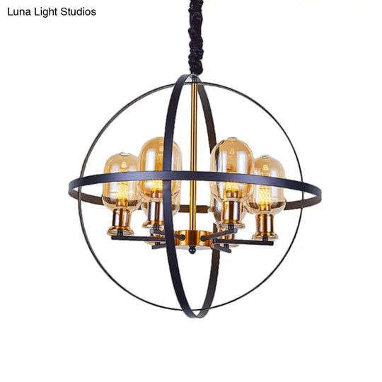 Contemporary Amber Glass Pendant Chandelier With Orb Frame Design - 4/6-Light Suspension Lamp In