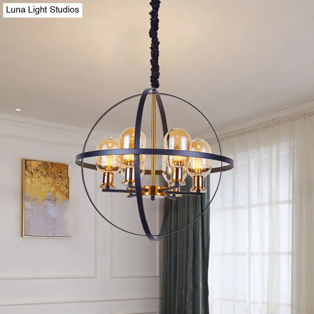 Contemporary 4/6-Light Amber Glass Pendant Chandelier: Black-Gold Suspension Lamp With Orb Frame