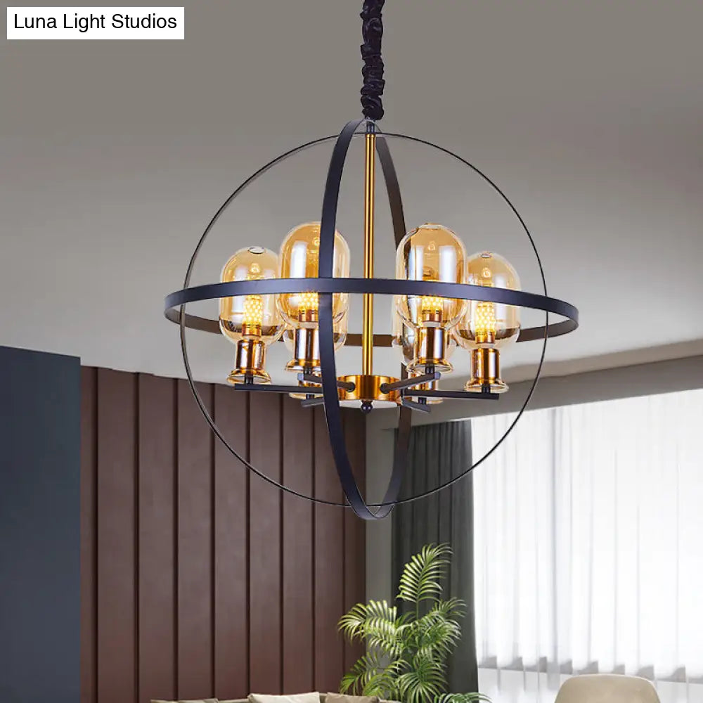 Contemporary 4/6-Light Amber Glass Pendant Chandelier: Black-Gold Suspension Lamp With Orb Frame