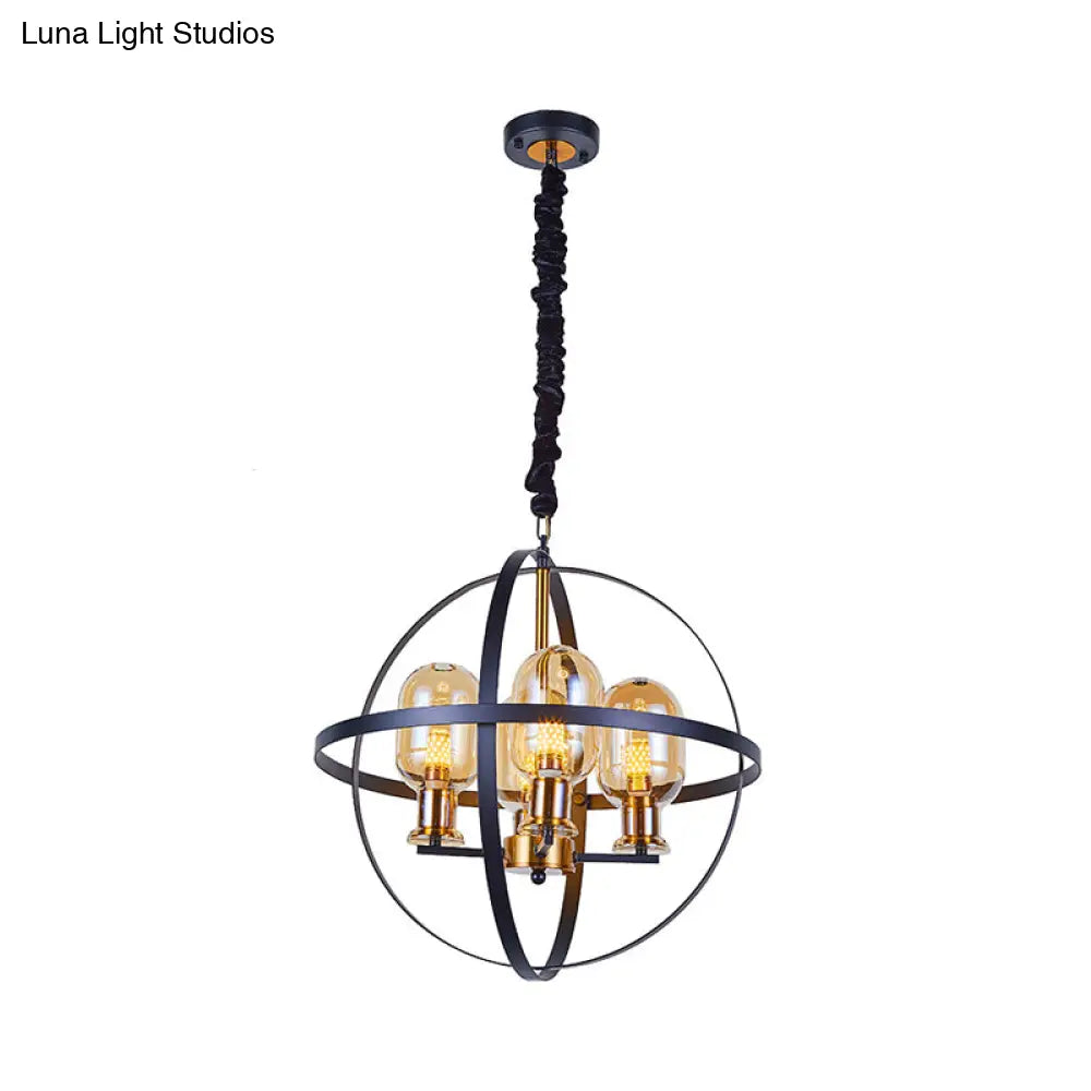 Contemporary Amber Glass Pendant Chandelier With Orb Frame Design - 4/6-Light Suspension Lamp In