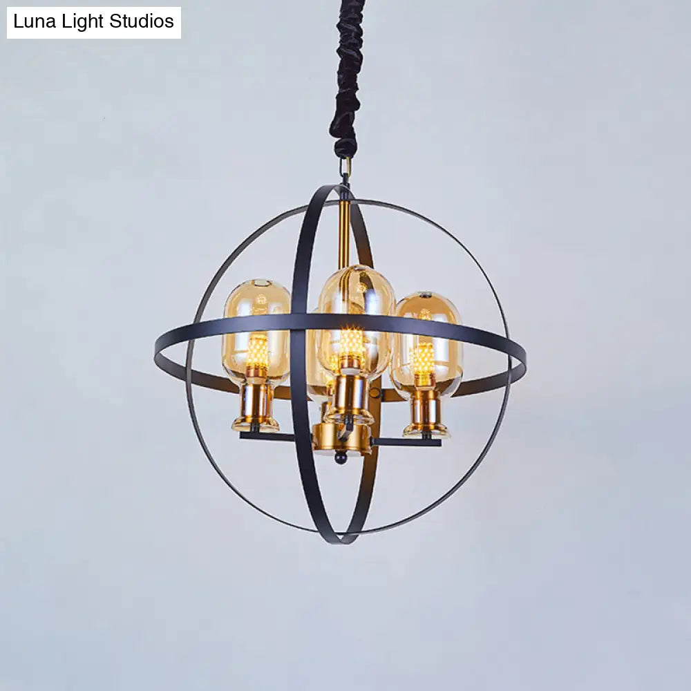 Contemporary Amber Glass Pendant Chandelier With Orb Frame Design - 4/6-Light Suspension Lamp In