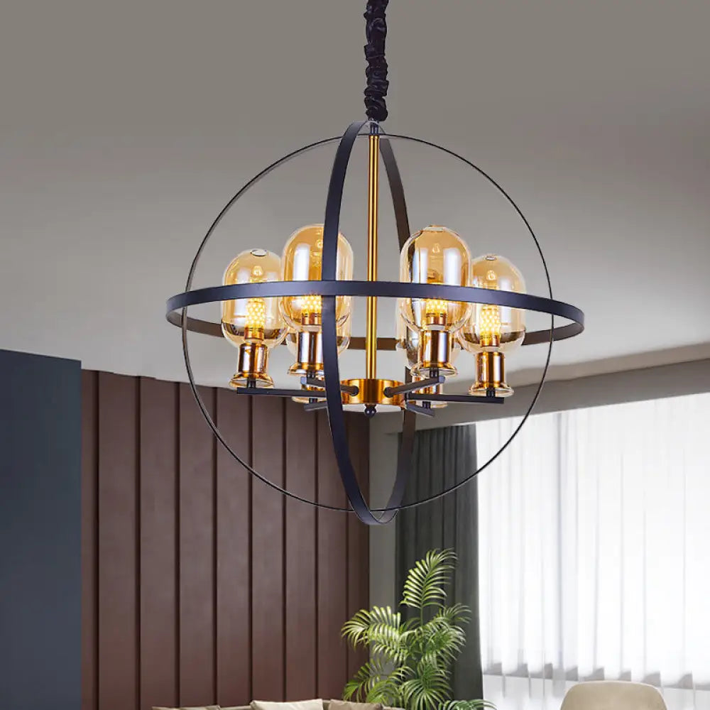 Contemporary Amber Glass Pendant Chandelier With Orb Frame Design - 4/6-Light Suspension Lamp In