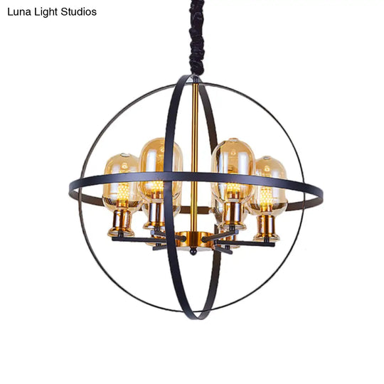 Contemporary 4/6-Light Amber Glass Pendant Chandelier: Black-Gold Suspension Lamp With Orb Frame