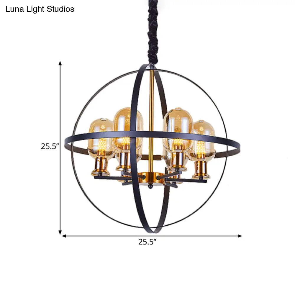 Contemporary Amber Glass Pendant Chandelier With Orb Frame Design - 4/6-Light Suspension Lamp In