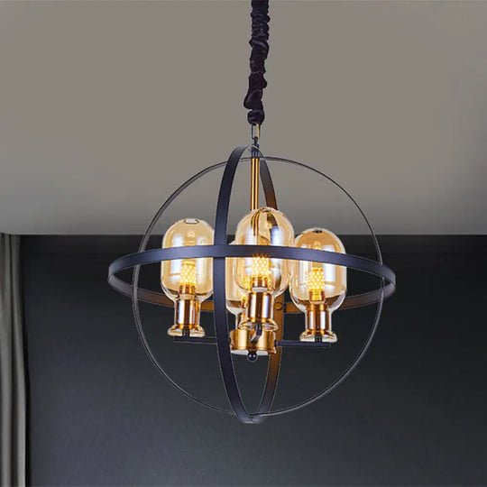 Contemporary Amber Glass Pendant Chandelier With Orb Frame Design - 4/6-Light Suspension Lamp In