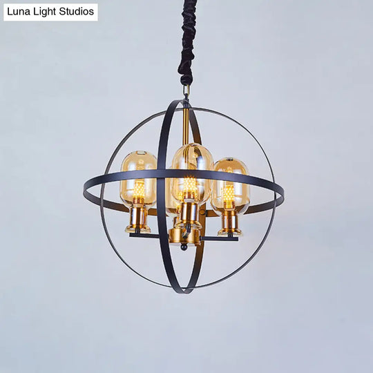 Contemporary 4/6-Light Amber Glass Pendant Chandelier: Black-Gold Suspension Lamp With Orb Frame