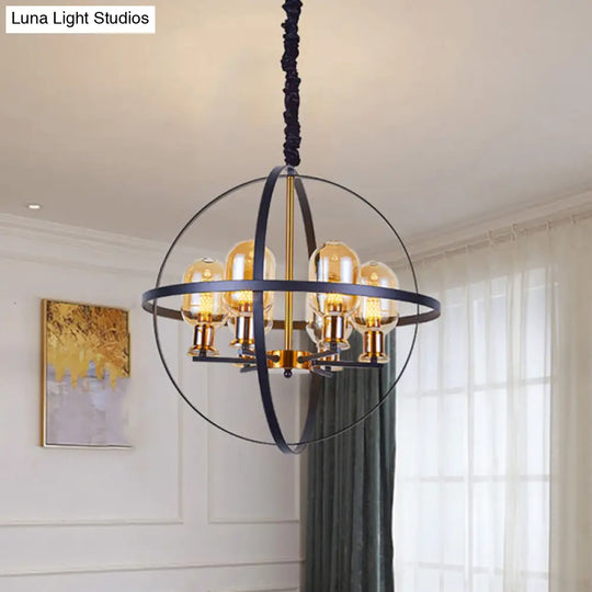 Contemporary Amber Glass Pendant Chandelier With Orb Frame Design - 4/6-Light Suspension Lamp In