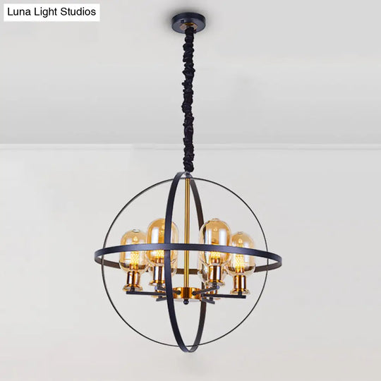 Contemporary 4/6-Light Amber Glass Pendant Chandelier: Black-Gold Suspension Lamp With Orb Frame