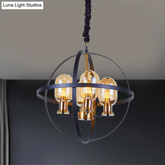 Contemporary 4/6-Light Amber Glass Pendant Chandelier: Black-Gold Suspension Lamp With Orb Frame