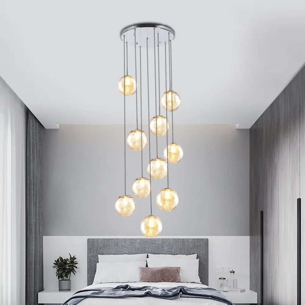 Contemporary Amber Glass Sphere Ceiling Lamp - 10-Light Pendant For Bedroom