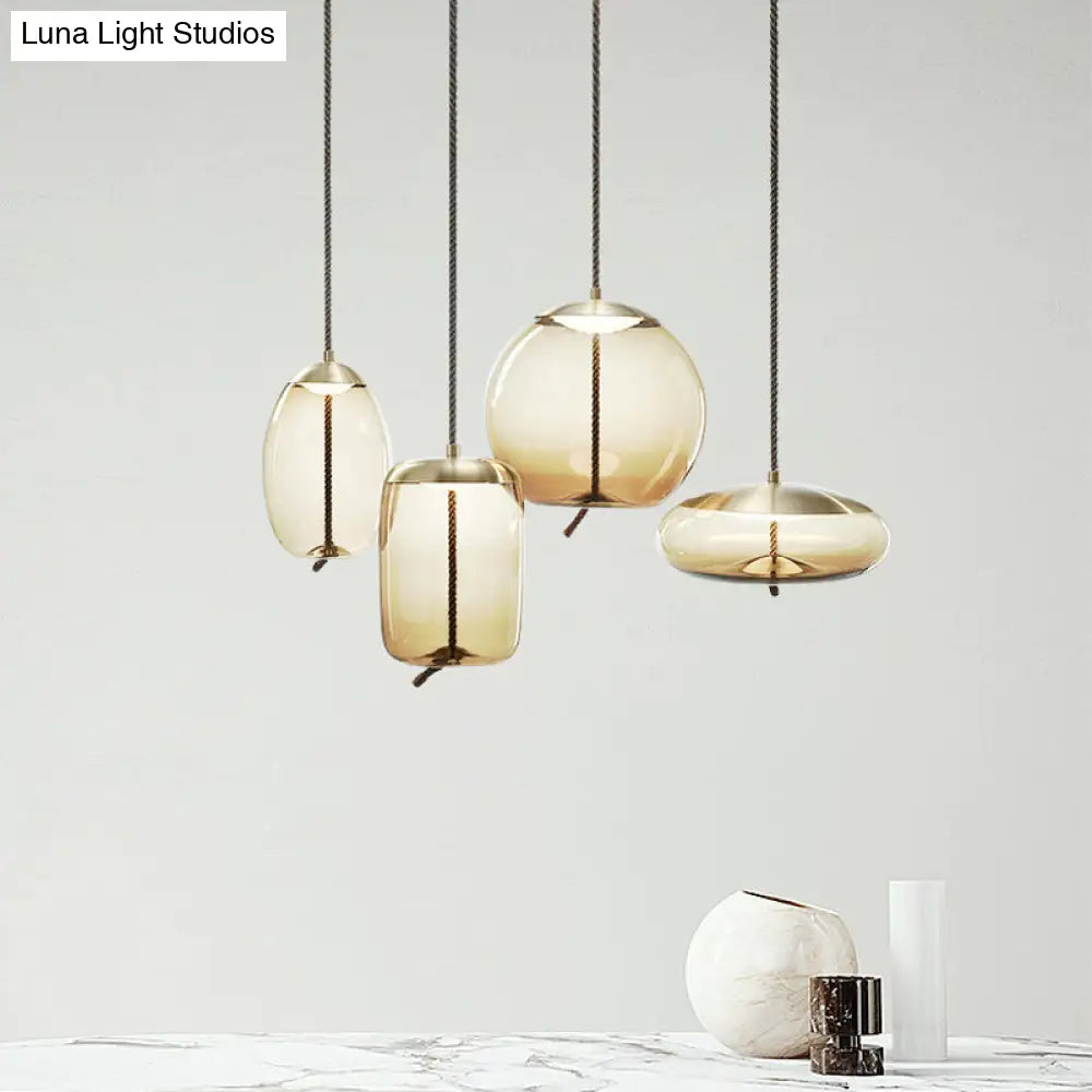 Contemporary Amber Glass Suspension Lamp - 1-Light Pendant For Dining Room