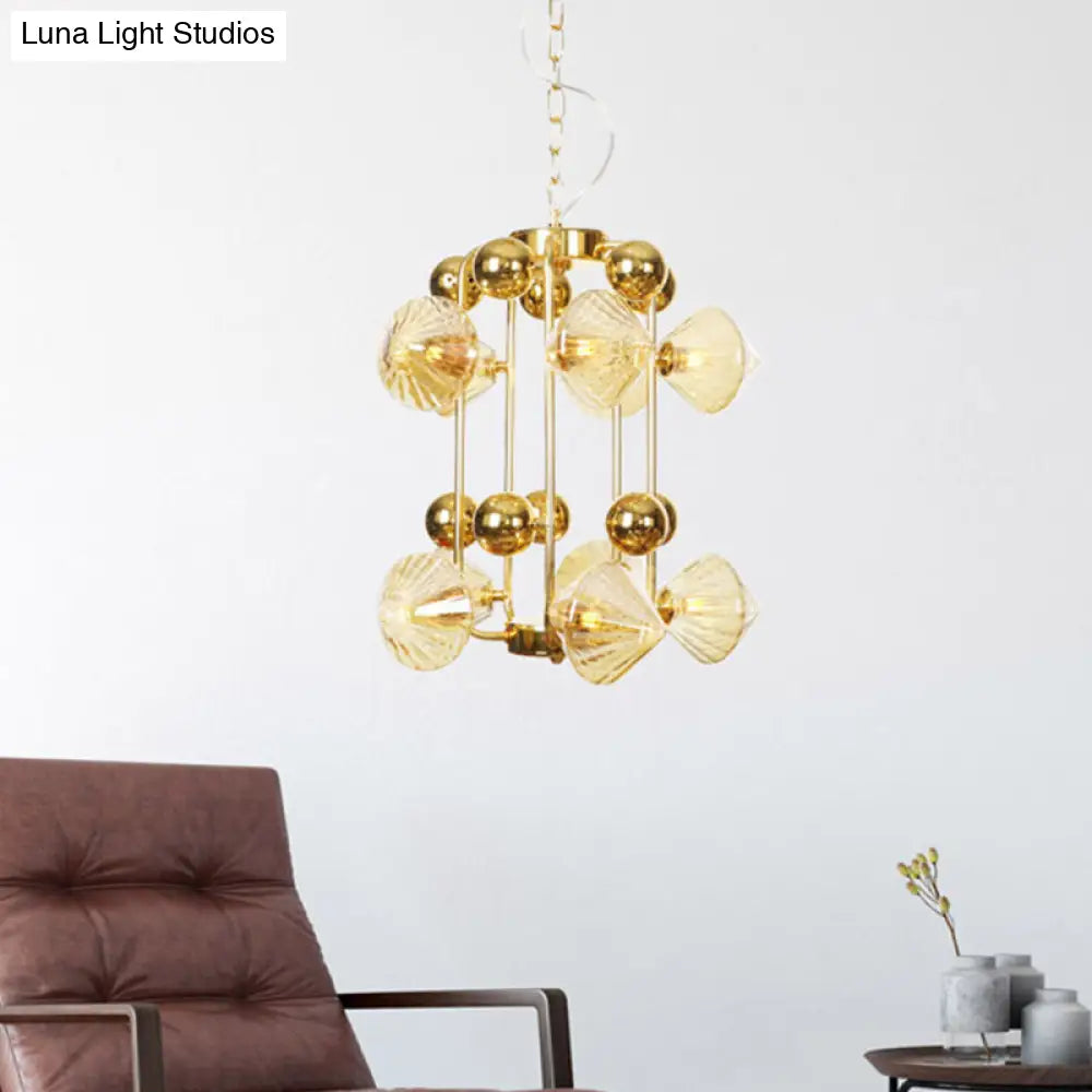 Contemporary Amber Glass Tapered Chandelier - 10 Heads Living Room Pendant Light