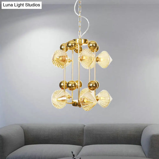 Contemporary Amber Glass Tapered Chandelier - 10 Heads Living Room Pendant Light