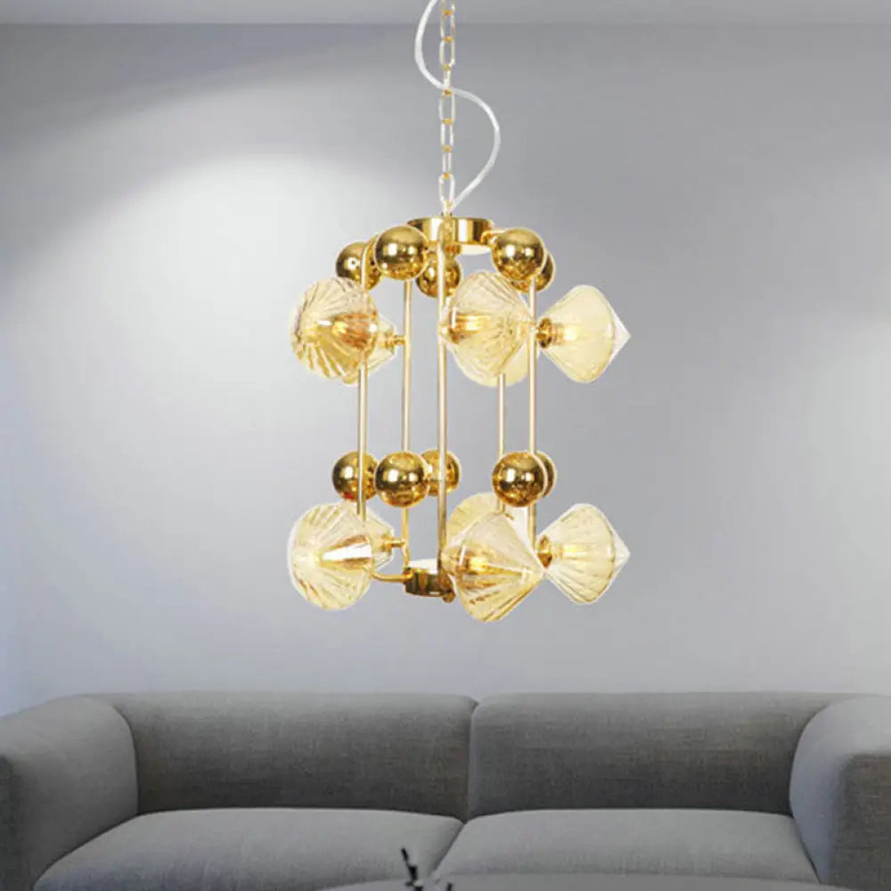 Contemporary Amber Glass Tapered Chandelier - 10 Heads Living Room Pendant Light