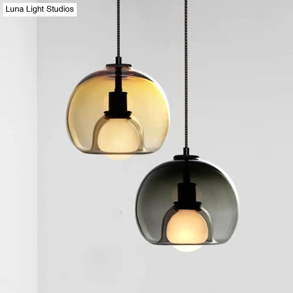 Contemporary Amber/Smoke Glass Dome Pendant - Black Hanging Lamp For Bedroom