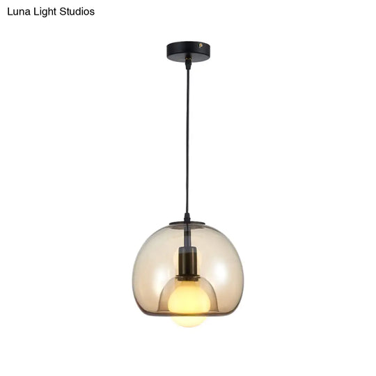 Contemporary Amber/Smoke Glass Dome Pendant - Black Hanging Lamp For Bedroom