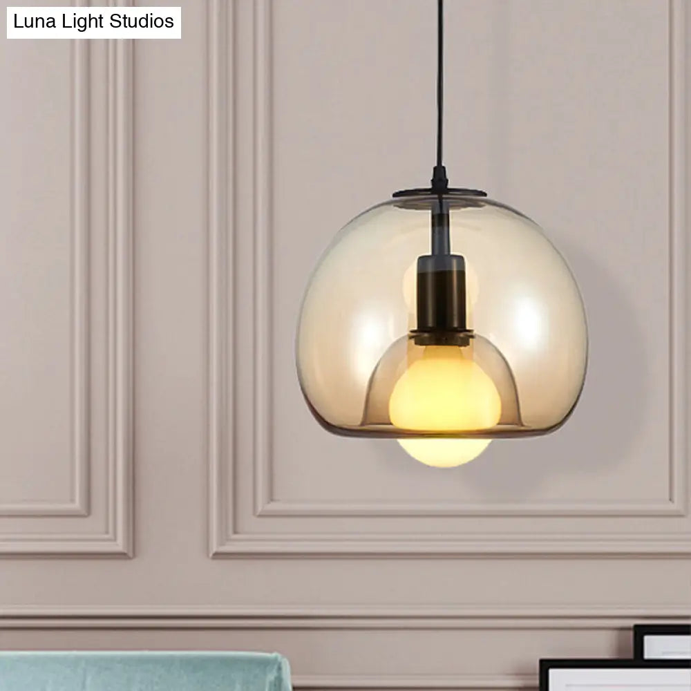 Contemporary Amber/Smoke Glass Dome Suspension Pendant - Black Hanging Lamp For Bedroom