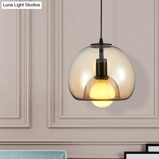 Contemporary Amber/Smoke Glass Dome Suspension Pendant - Black Hanging Lamp For Bedroom