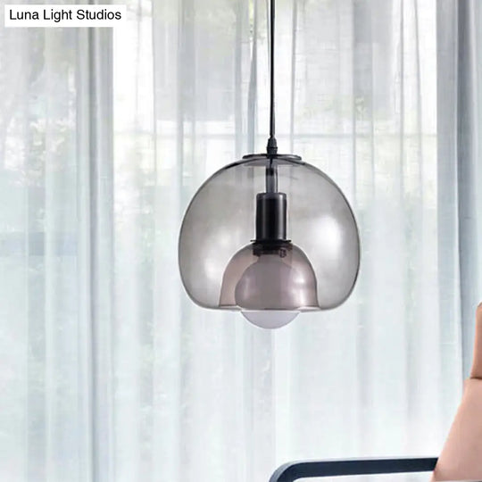 Contemporary Amber/Smoke Glass Dome Suspension Pendant - Black Hanging Lamp For Bedroom Smoke Gray