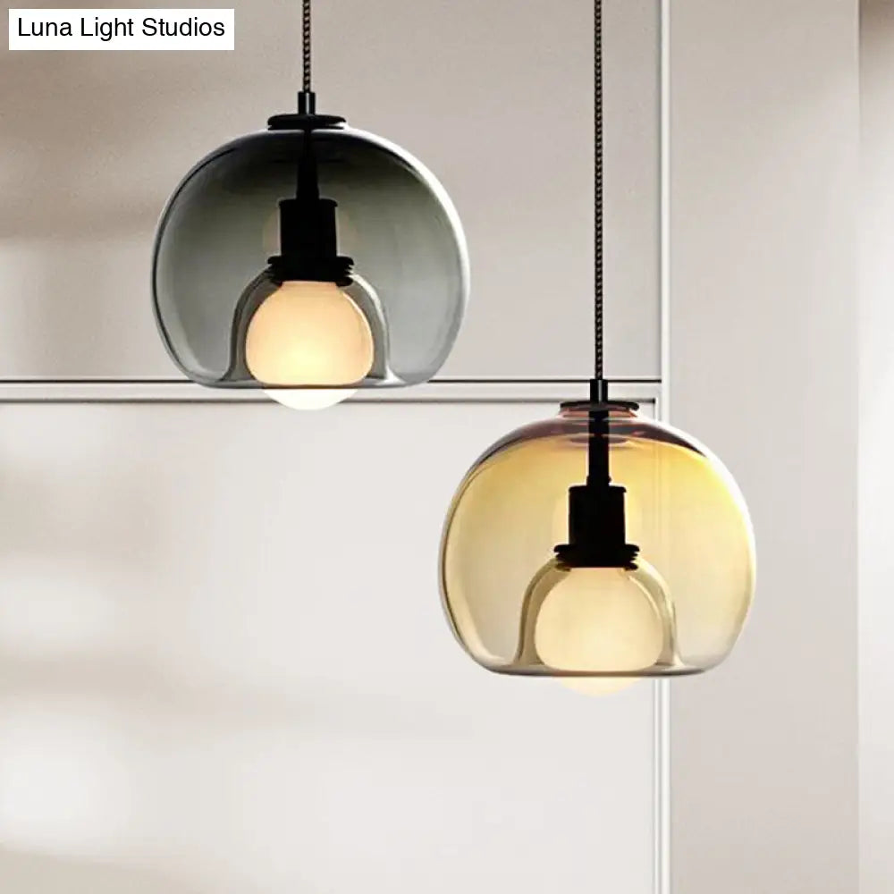 Contemporary Amber/Smoke Glass Dome Suspension Pendant - Black Hanging Lamp For Bedroom