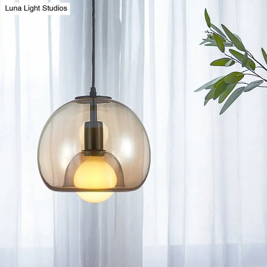 Contemporary Amber/Smoke Glass Dome Suspension Pendant - Black Hanging Lamp For Bedroom Amber