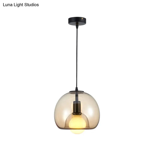 Contemporary Amber/Smoke Glass Dome Suspension Pendant - Black Hanging Lamp For Bedroom