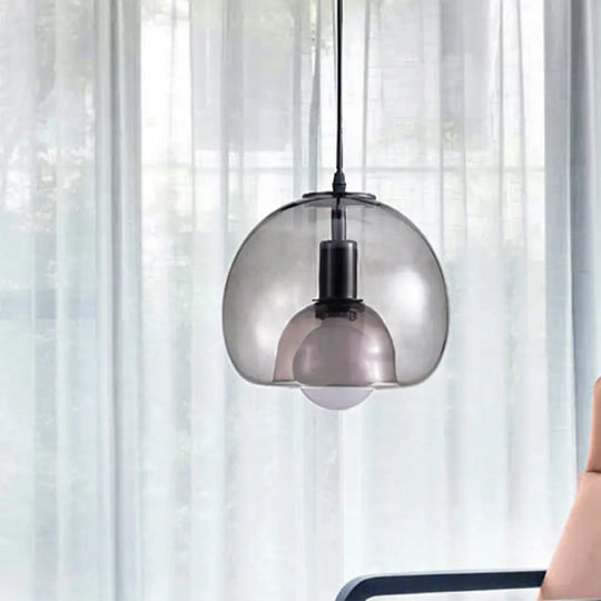 Contemporary Amber/Smoke Glass Dome Pendant - Black Hanging Lamp For Bedroom Smoke Gray