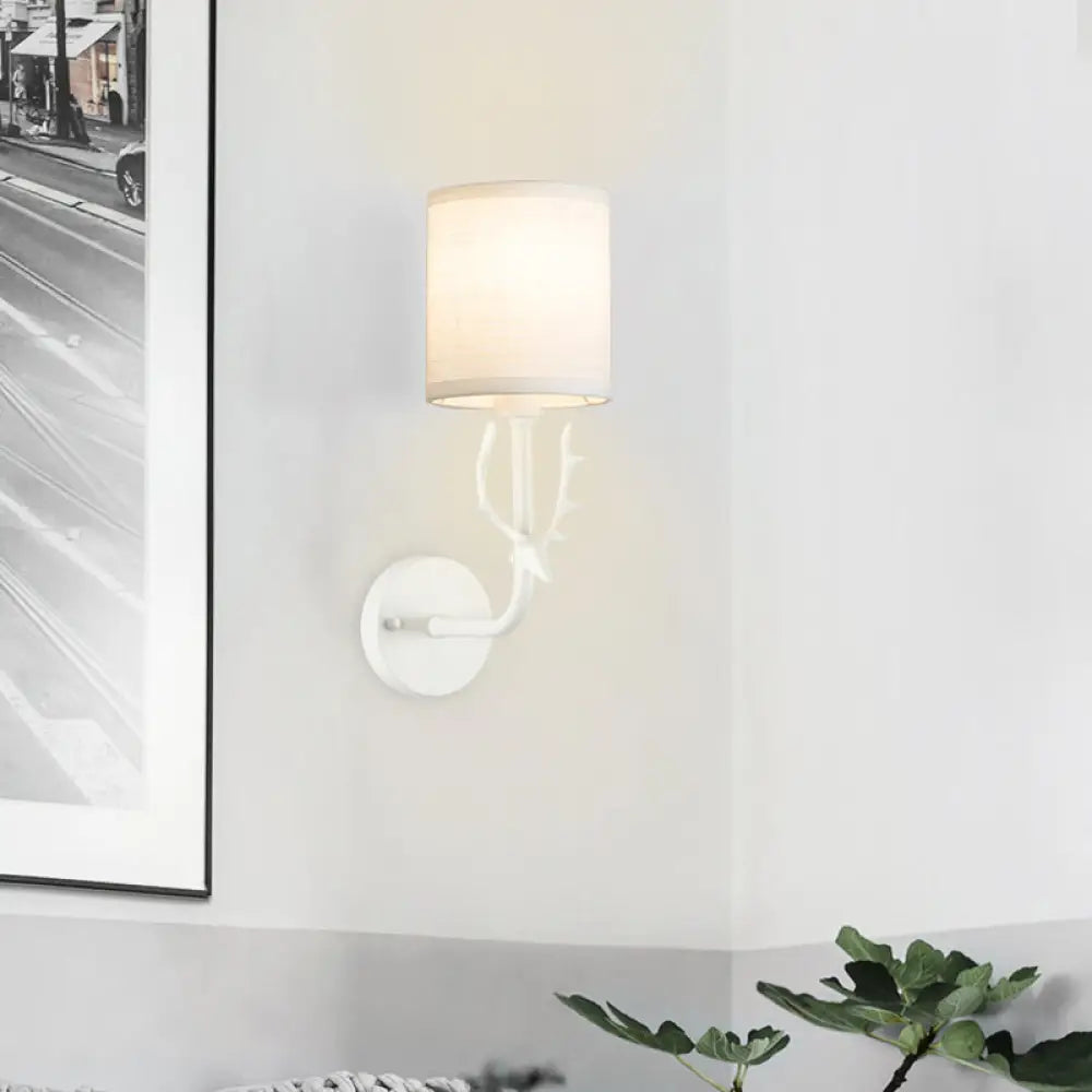 Contemporary Antler Wall Sconce: Metal Cylinder Shade 1-Light For Foyer White