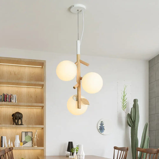 Contemporary Ball Chandelier - White Frosted Glass 2/3 Heads Wood Ceiling Lamp Stylish Dining Room