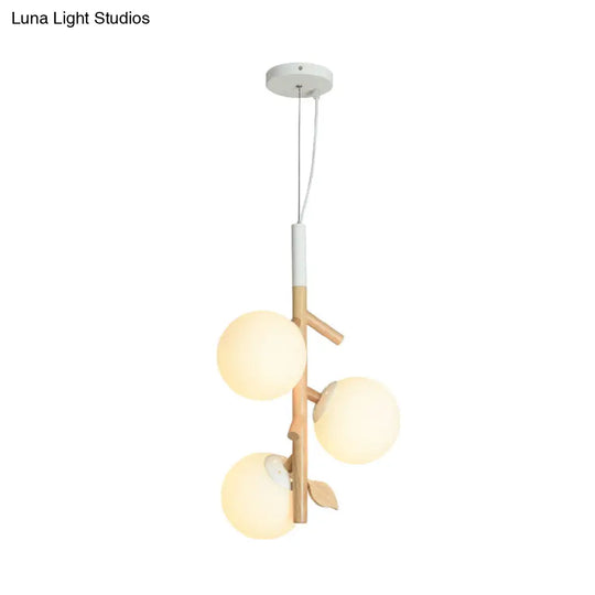 Contemporary Ball Chandelier - White Frosted Glass 2/3 Heads Wood Ceiling Lamp Stylish Dining Room