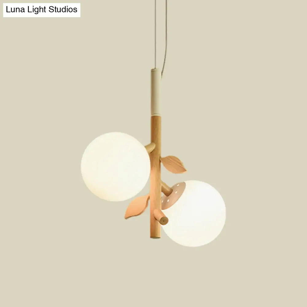 Contemporary Ball Chandelier - White Frosted Glass 2/3 Heads Wood Ceiling Lamp Stylish Dining Room