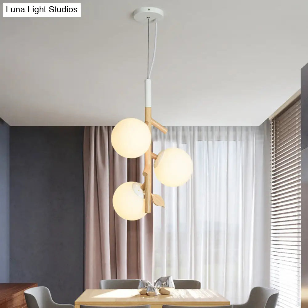 Contemporary Ball Chandelier - White Frosted Glass 2/3 Heads Wood Ceiling Lamp Stylish Dining Room