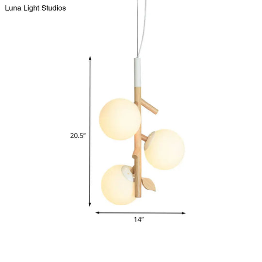 Contemporary Ball Chandelier - White Frosted Glass 2/3 Heads Wood Ceiling Lamp Stylish Dining Room