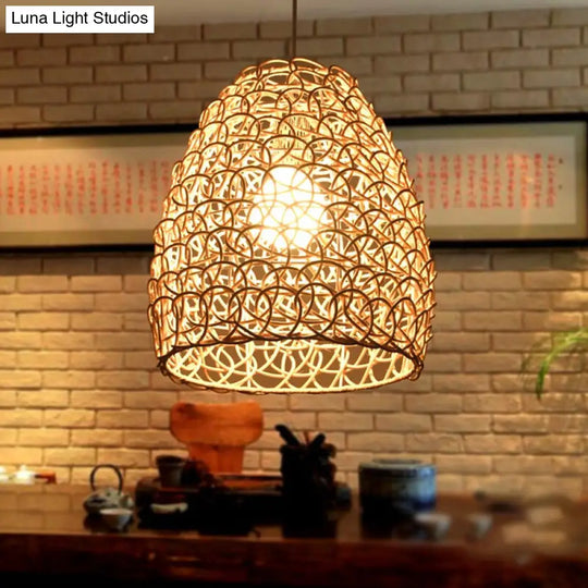 Contemporary Bamboo Basket/Trumpet Hanging Lamp: Wood Pendant Light Perfect For Restaurants / A