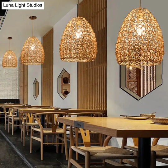 Contemporary Bamboo Basket/Trumpet Hanging Lamp: Wood Pendant Light Perfect For Restaurants