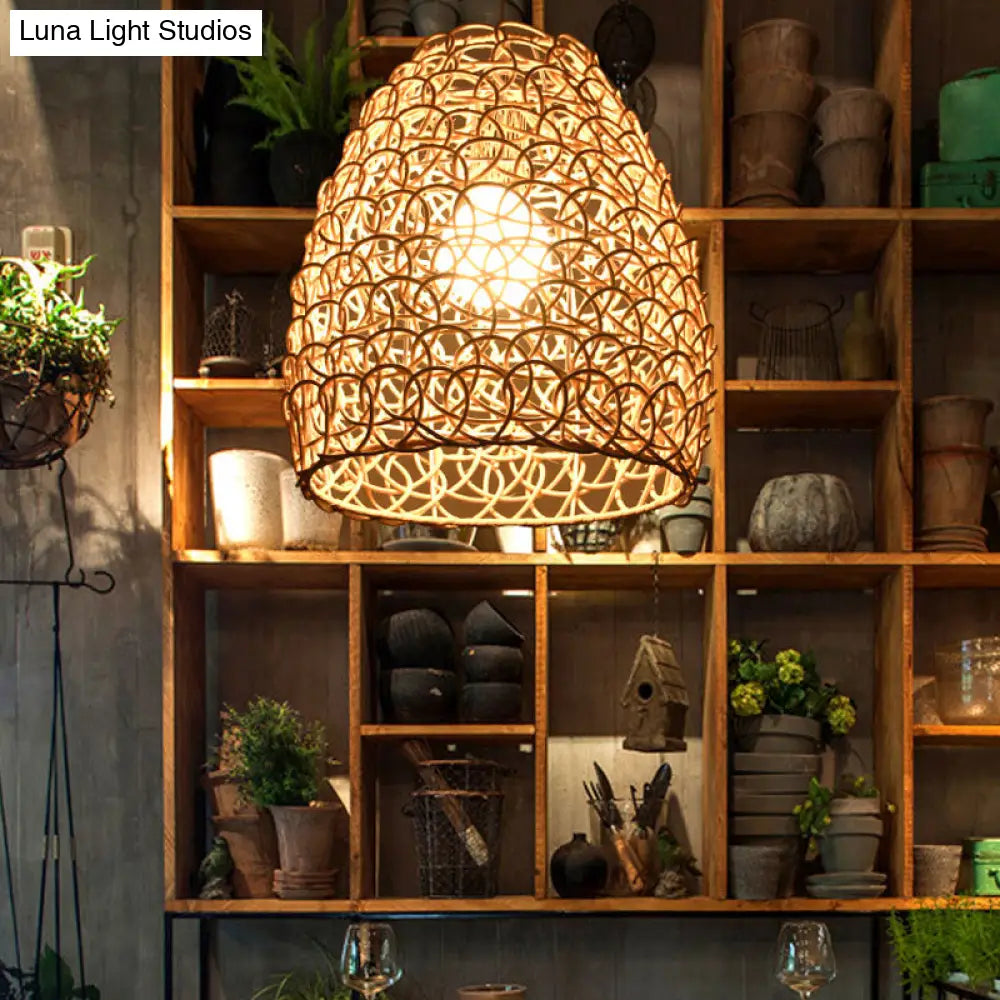 Contemporary Bamboo Basket/Trumpet Hanging Lamp: Wood Pendant Light Perfect For Restaurants