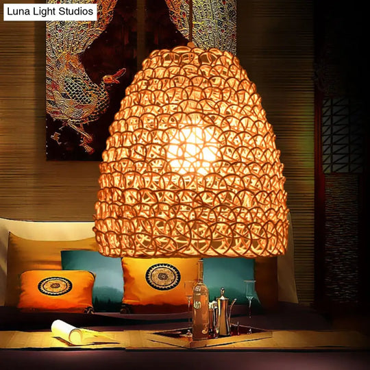 Contemporary Bamboo Basket/Trumpet Hanging Lamp: Wood Pendant Light Perfect For Restaurants