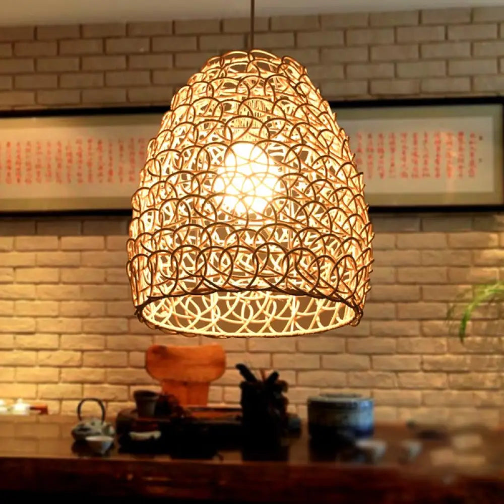 Contemporary Bamboo Basket/Trumpet Hanging Lamp Ceiling Pendant Light For Restaurant Wood / A