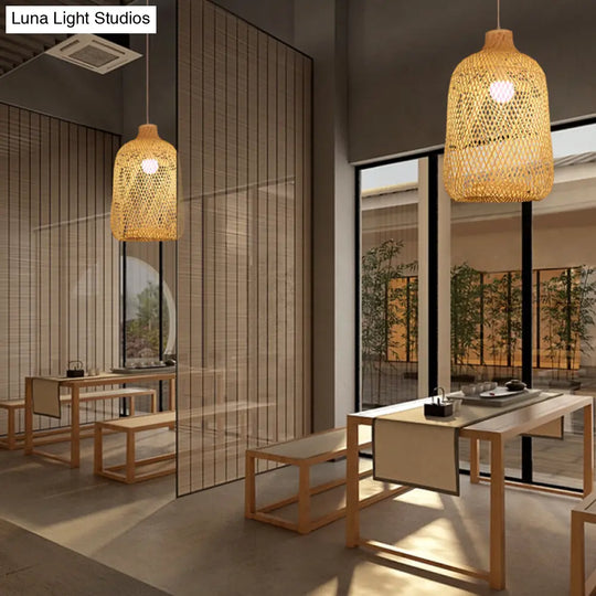 Contemporary Bamboo Bird Cage Pendant Light With Single Bulb - Perfect For Restaurants And Homes