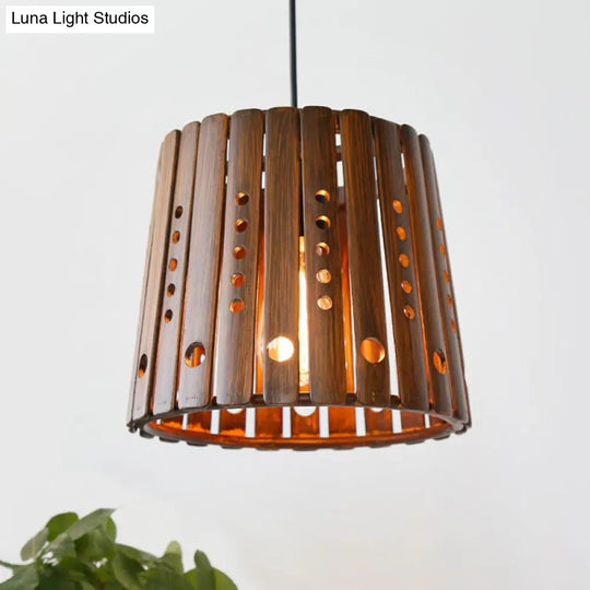 Brown Bamboo Pendant Lamp With Modern Slatted Design - 1 Light Hanging For Dining Room