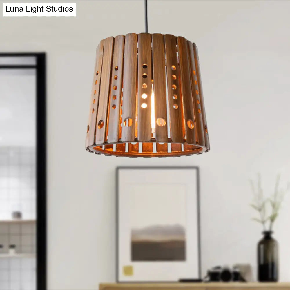 Brown Bamboo Pendant Lamp With Modern Slatted Design - 1 Light Hanging For Dining Room